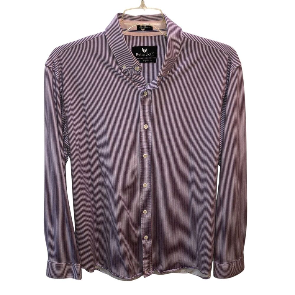 Buttercloth Mens XL Regular Fit Pink Blue Stripe Stretch Icy Cotton Shirt